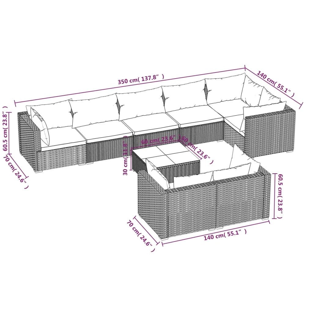 Set Salotto da Giardino con Cuscini 9pz Nero in Polyrattan