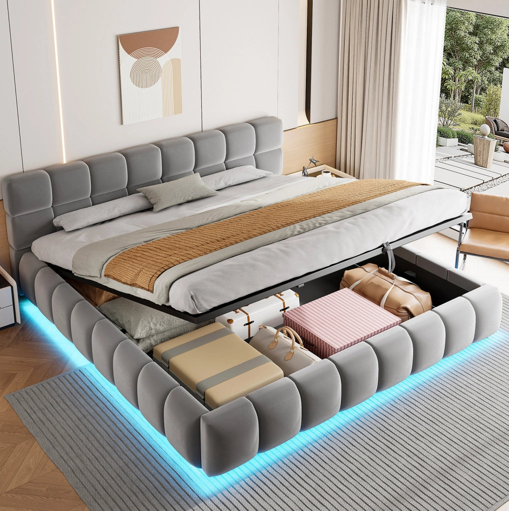 Letto contenitore imbottito 180x200 cm in velluto grigio con LED