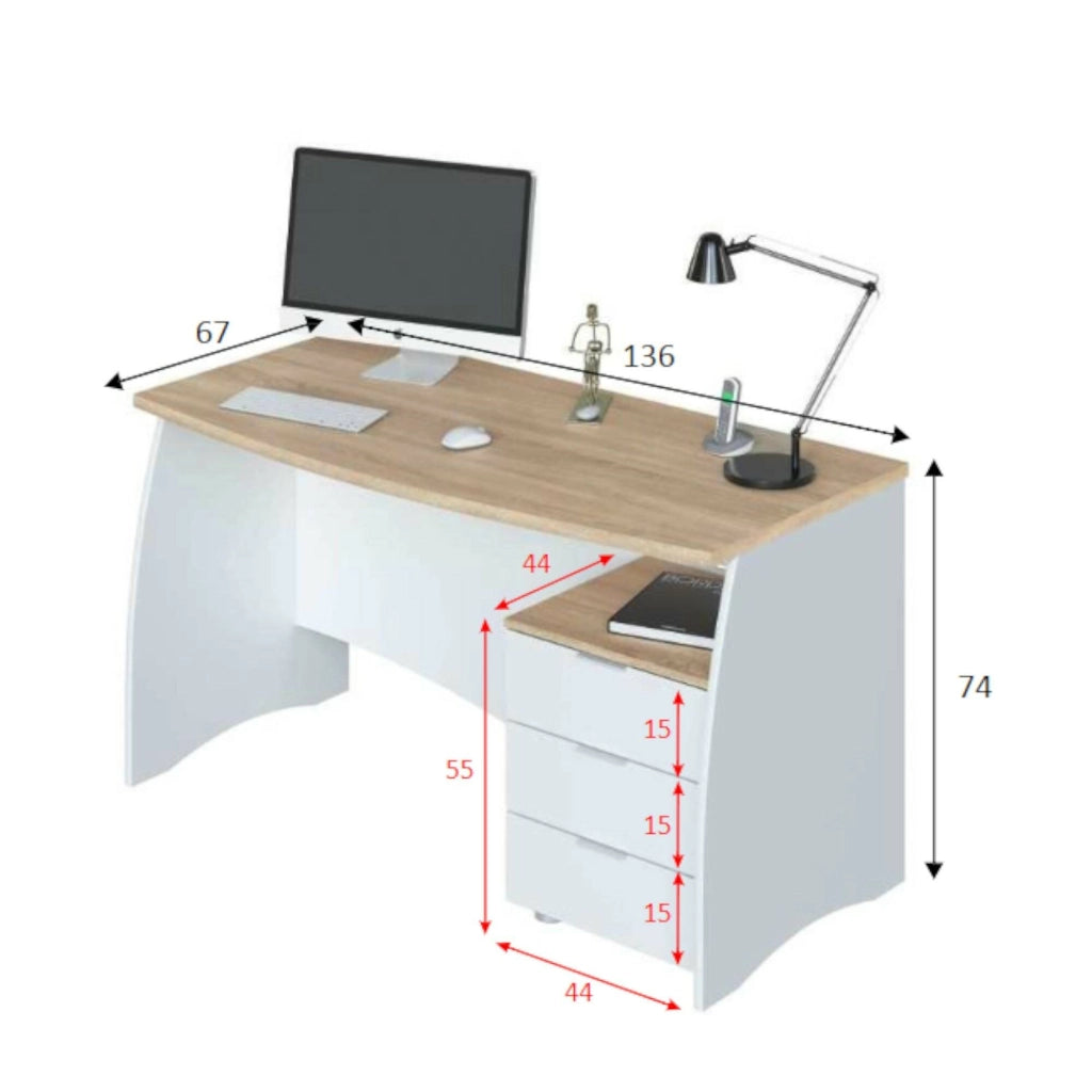 Scrivania Azziz, Scrittoio da ufficio, Tavolo da studio porta PC con 3 cassetti, cm 136x67h74, Bianco e Rovere
