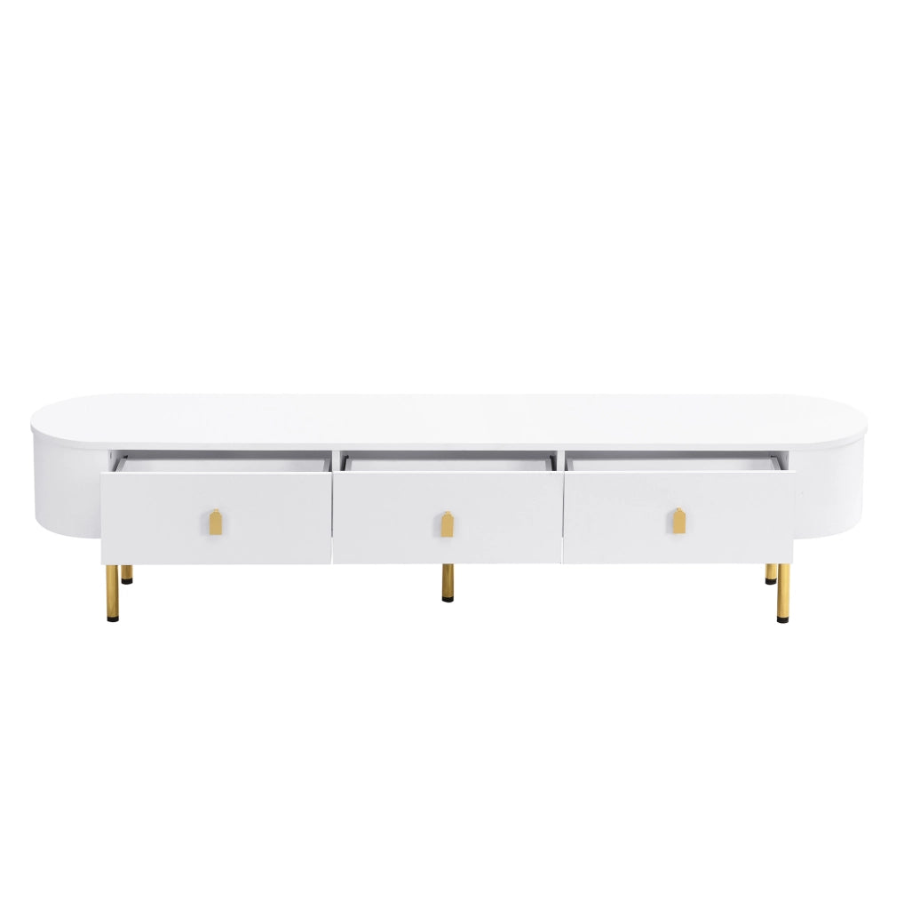Mobile TV moderno 174 cm in MDF bianco con 3 cassetti; maniglie e gambe dorate
