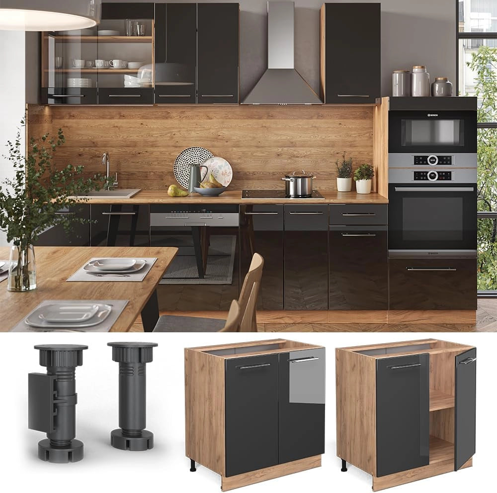 Mobiletto base cucina Fame-Line, Antracite lucido, 80 cm con ripiano, PL Rovere, per la combinazione con altri moduli della serie Fame-Line