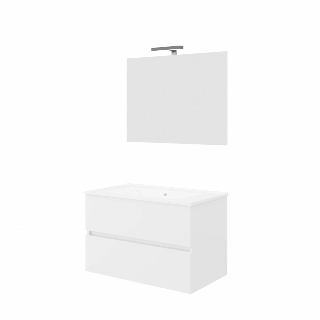Composizione bagno 2 cassettoni con lavabo in ceramica e specchio con lampada led