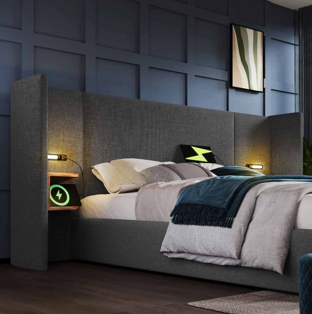 Letto matrimoniale imbottito con contenitore, lampada da lettura e ricarica USB Type-C