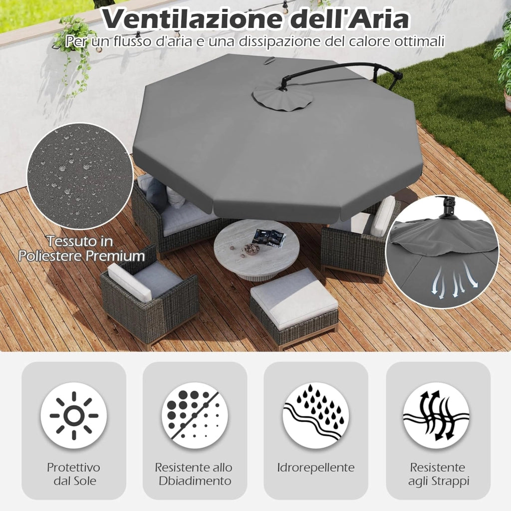 Ombrellone da Giardino 290 cm a Braccio | Inclinazione Regolabile, Manovella, 8 Stecche, Telo Solare, Copertura Inclusa