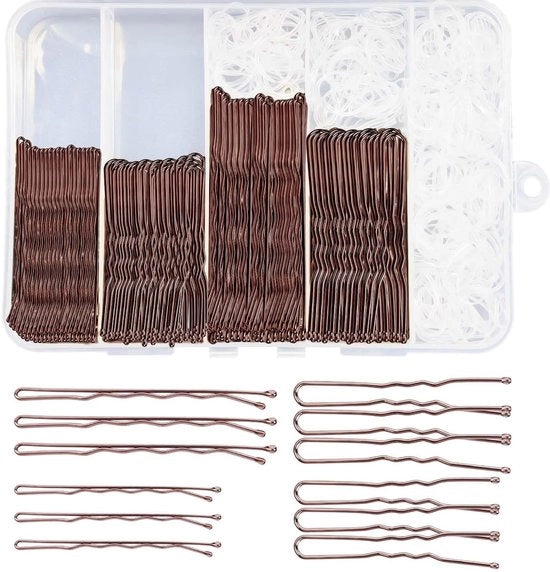 Set Completo di Spille per Capelli - 100 Spille - 300 Elastici Translucidi - Spille a U - Spille a Slittone - Materiale Metallo/Rubbero - Ferri per Capelli