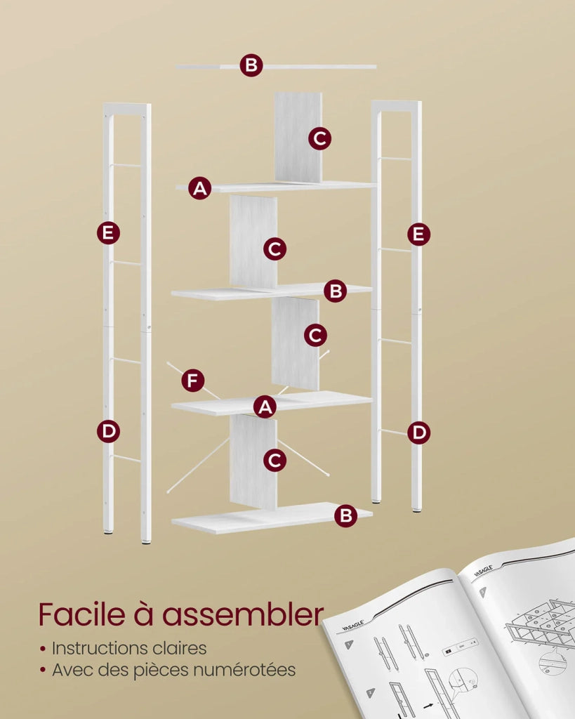 Libreria in stile industriale scaffale a 4 ripiani mobile contenitore autoportante per soggiorno o ufficio facile da montare struttura stabile in ferro stile industriale bianco 12_0004231