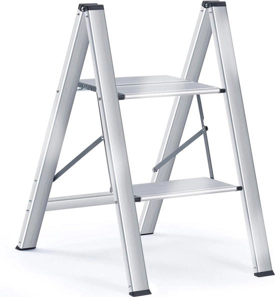 Scala a piu passi 2 gradini in alluminio - Scala portatile con sistema antiscivolo - Scala pieghevole - Scala per cucina e uso domestico - Flessibile e ripiegabile