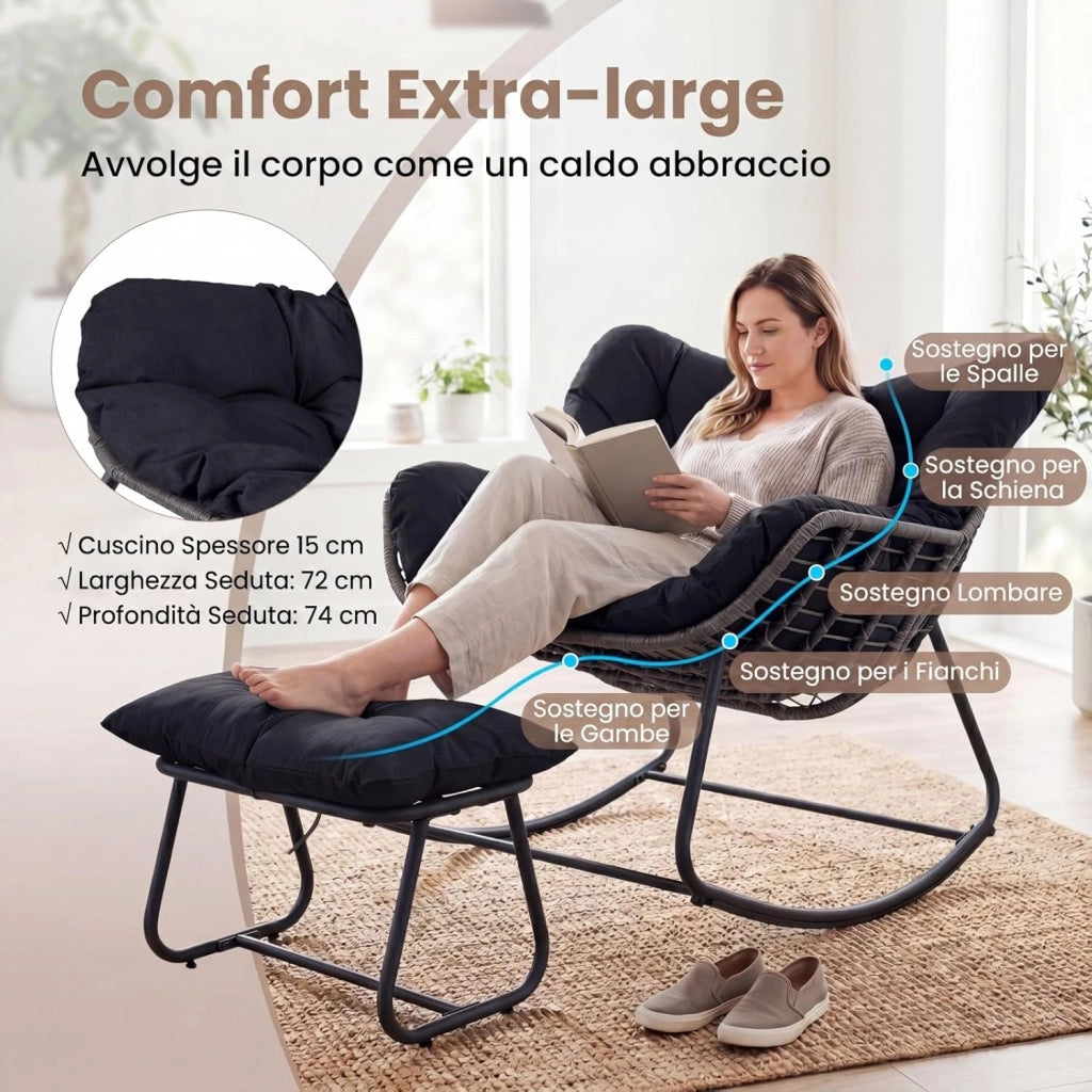 Sedia a Dondolo da Interno ed Esterno, Poltrona a Dondolo con Poggiapiedi e Cuscini Rimovibili, Poltrona Relax in Rattan con Telaio in Metallo per Soggiorno e Giardino, Portata 150 kg (Nero)