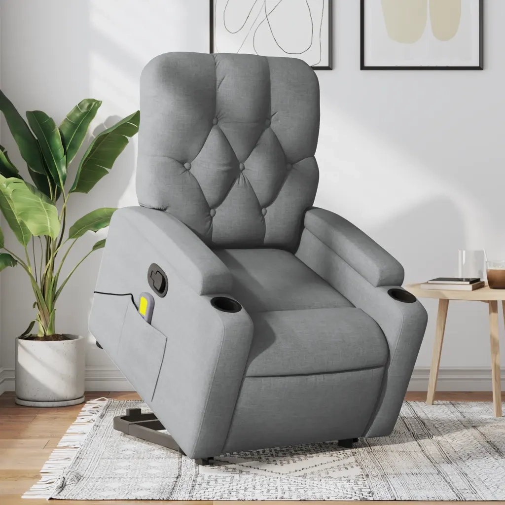 Poltrona | Sedia Relax Alzapersona Massaggi Reclinabile Grigio Chiaro Tessuto