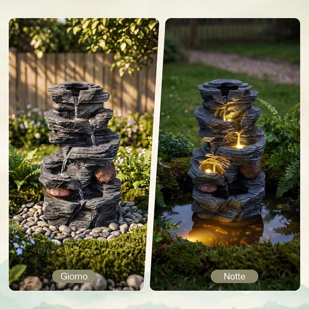 Fontana da Giardino, Fontanella Elettrica da Tavolo con Luci LED | Fontana Cascata in Resina a 5 Livelli con Flusso d'Acqua Regolabile e Pompa, da Interno ed Esterno per Terrazzo e Cortile