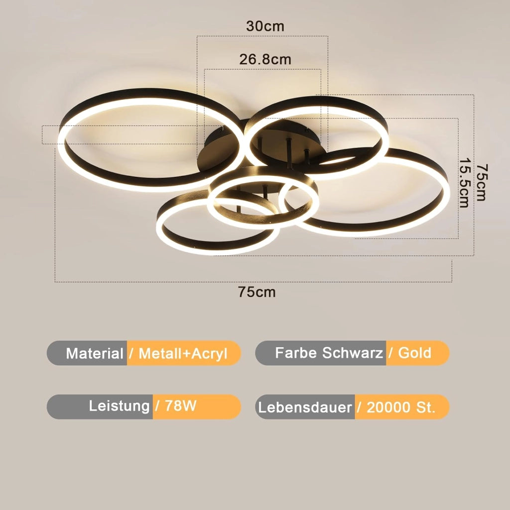 ZMH Lampada da soffitto plafoniera LED 78W nera dimmerabile telecomando 5 anelli per soggiorno camera letto