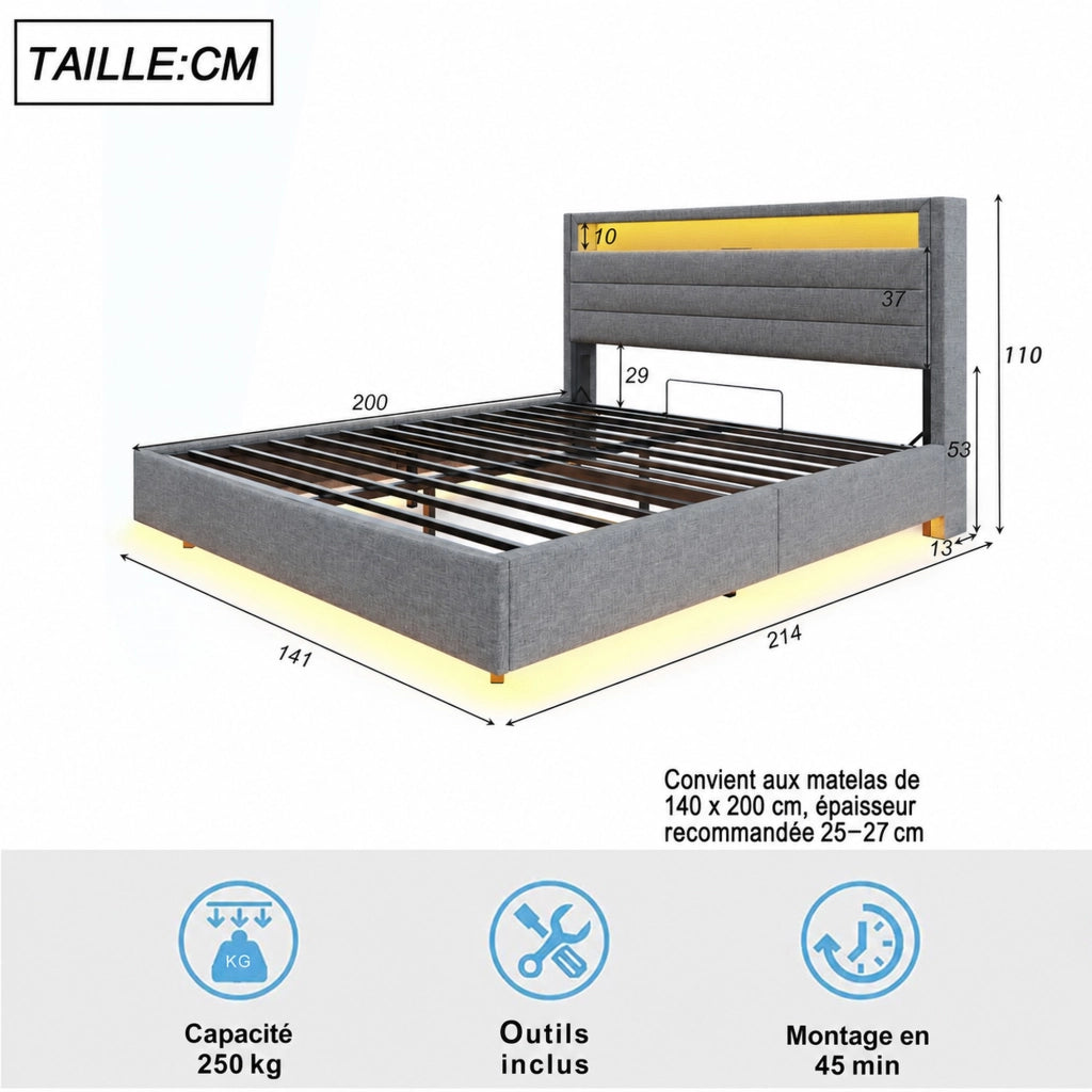 DESMIU Lit Contenitore 140 × 200 cm 2 posti con USB, LED e vano idraulico, senza materasso, in tessuto, grigio