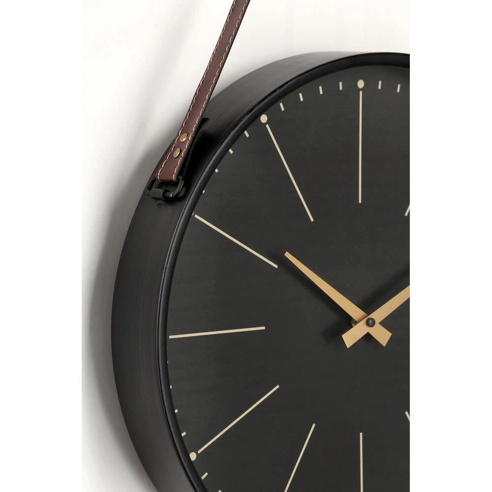 Orologio da Parete Rotondo Nero con Cinghia in Pelle Dorato - SIL
