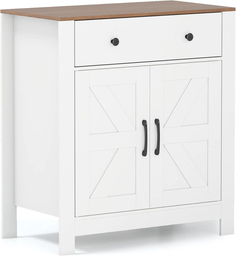 Credenza da Cucina in Stile Rustico con 5 Ripiani Regolabili, Mobile Buffet con 1 Cassetto e 2 Ante, Mobile in Legno Autoportante per Sala da Pranzo e Salotto, Bianco e Naturale