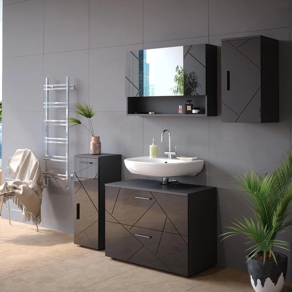 Set mobili bagno Irma, Antracite lucido, 80 cm, composto da mobile sottolavabo, specchiera, armadio medio e pensile