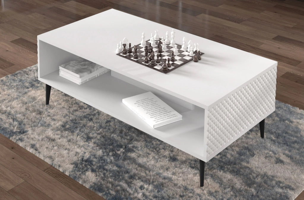 TAVOLINO DA CAFFÈ RAVENNA PC DIAMOND MDF HG 90x60 BIANCO OPACO BIANCO LUCIDO GAMBE IN METALLO NERO