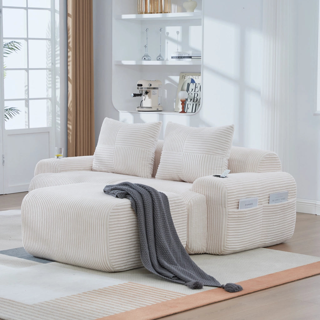 Divano modulare 2 posti con portabicchieri e tasca laterale configurazione flessibile in velluto a coste beige