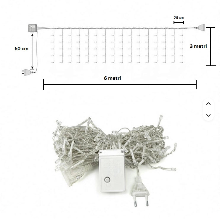 Tenda Luminosa LED 6x3 Metri Luci a Cascata Bianco per Interni ed Esterni COLORE LED: BIANCO CALDO