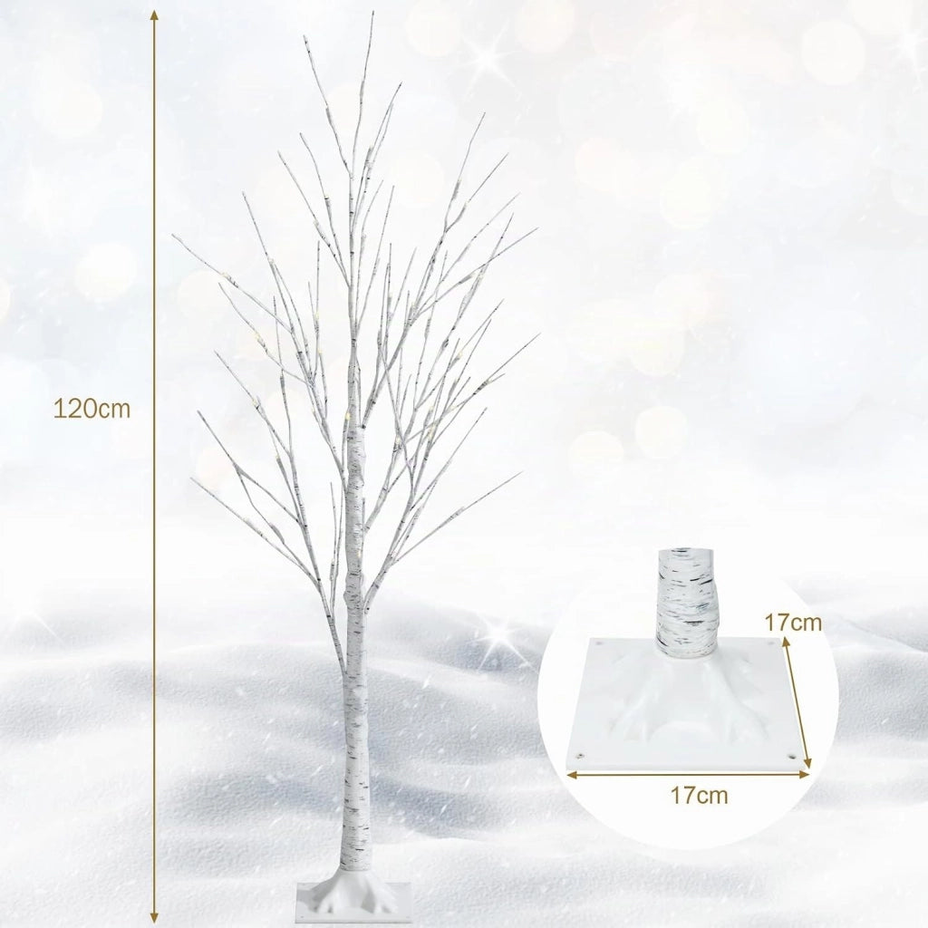 Albero Artificiale Illuminato 120 cm con Rami di Betulla, Albero di Natale Bianco con Luci LED Calde e Bianche, Decorazione per Interno per Natale Pasqua