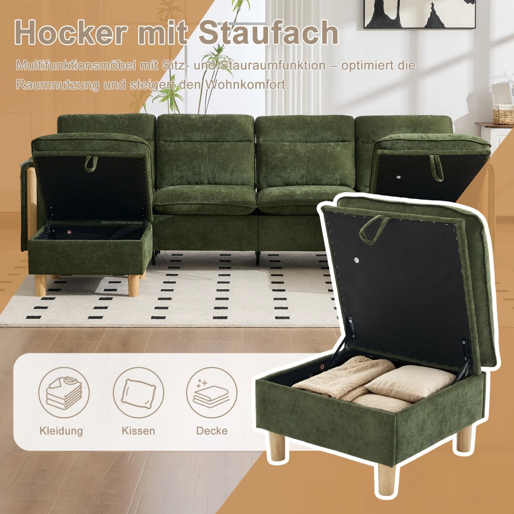 Divano panoramico a U modulare con contenitori e tasche laterali in chenille verde per famiglia 261 × 77 × 86 cm