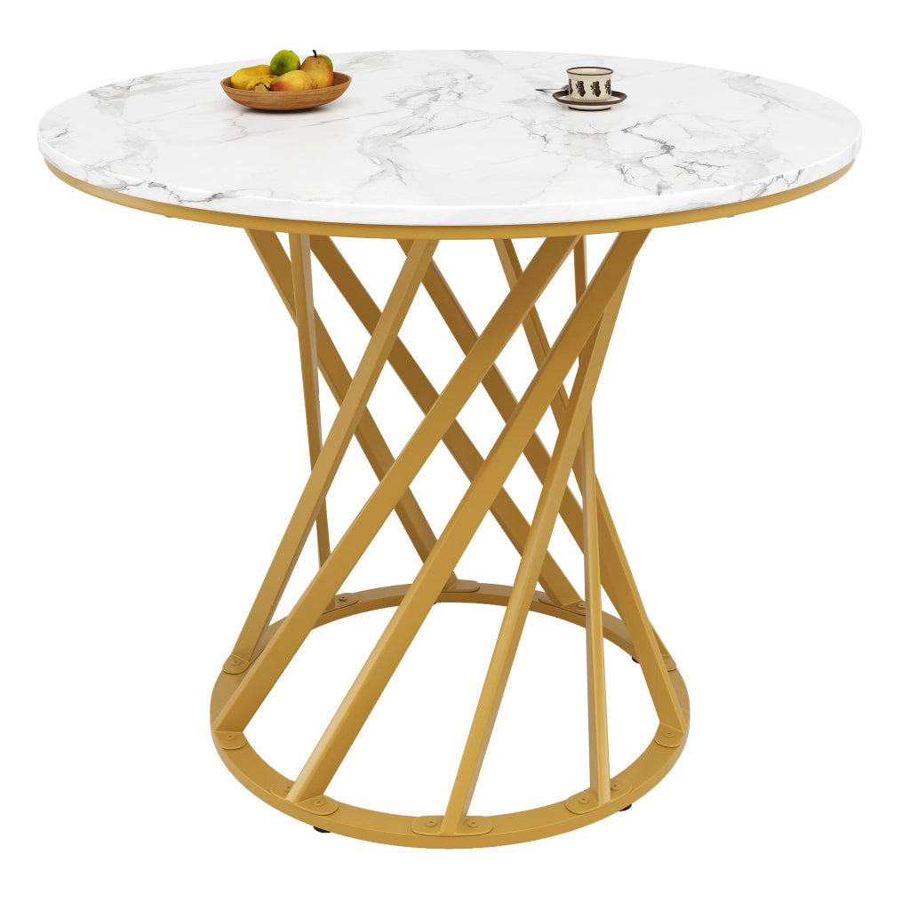 Tavolo da Pranzo Rotondo ¨C MINIMAL ¨C Piano MDF Effetto Marmo, Gambe in Metallo Oro, 80x80x76