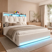 DESMIU Letto contenitore 160 × 200 cm 2 posti con LED, USB e Type-C, senza materasso, in velluto, beige