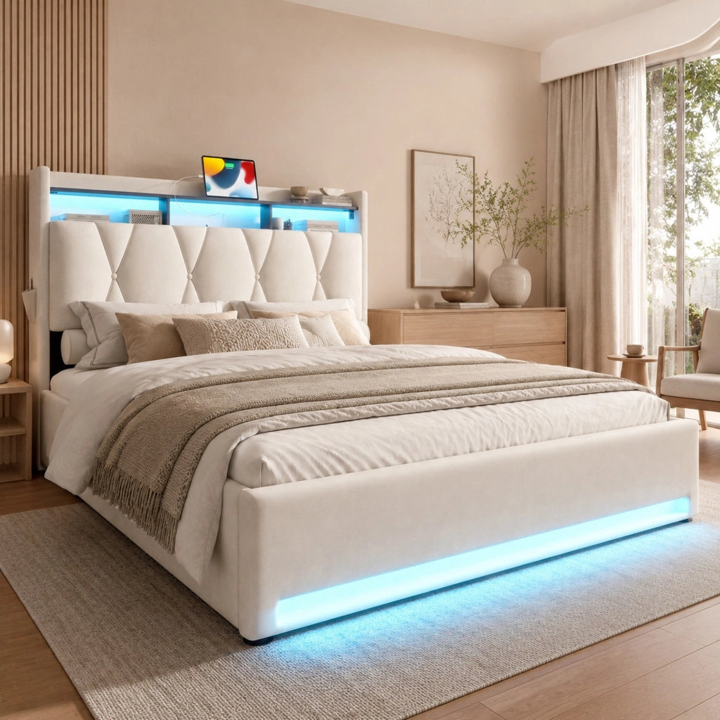 DESMIU Letto contenitore 160 × 200 cm 2 posti con LED, USB e Type-C, senza materasso, in velluto, beige