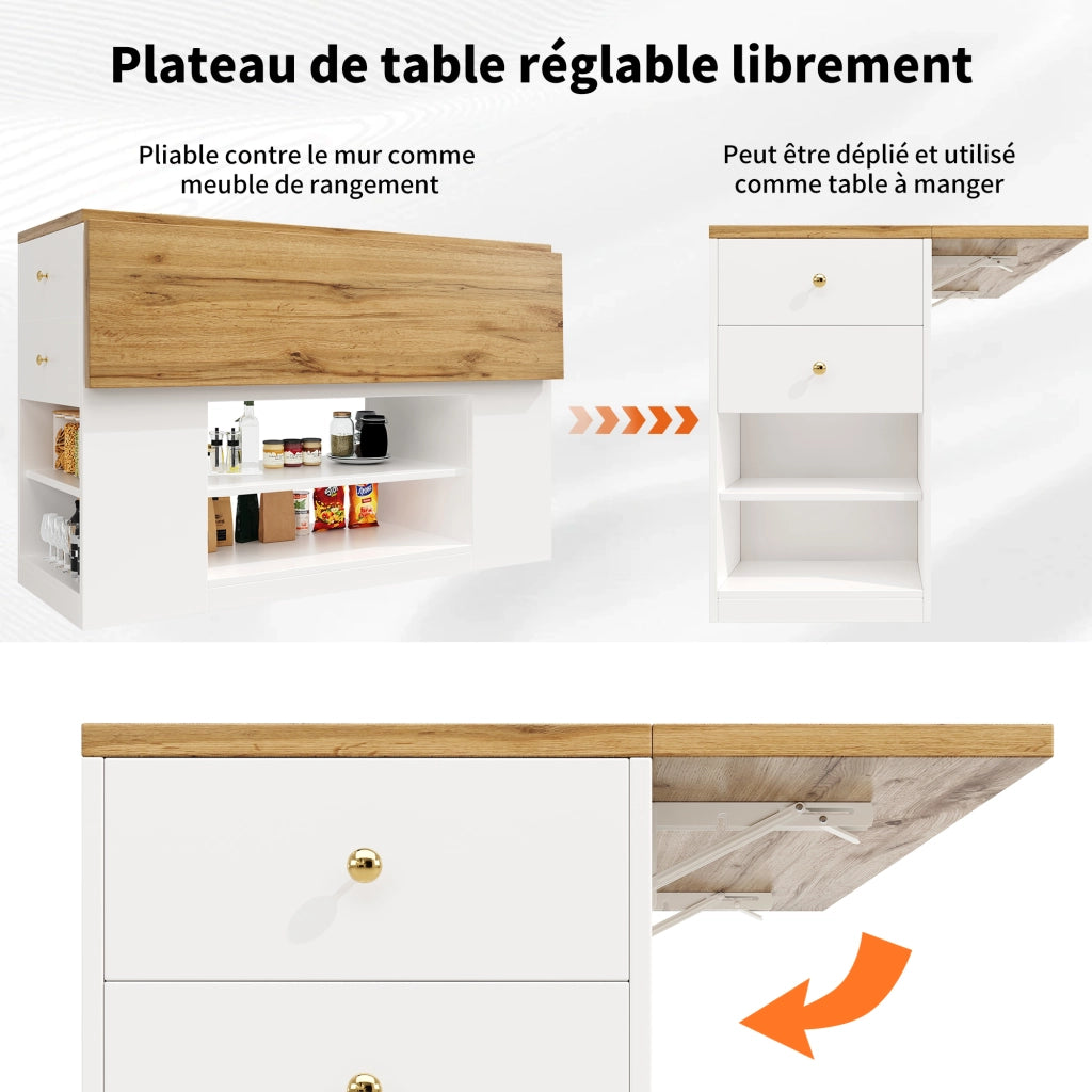 Isola da Cucina con 2 Ante; Cassetti; Ripiani Regolabili e Piano Pieghevole; in MDF e Metallo; Bianco