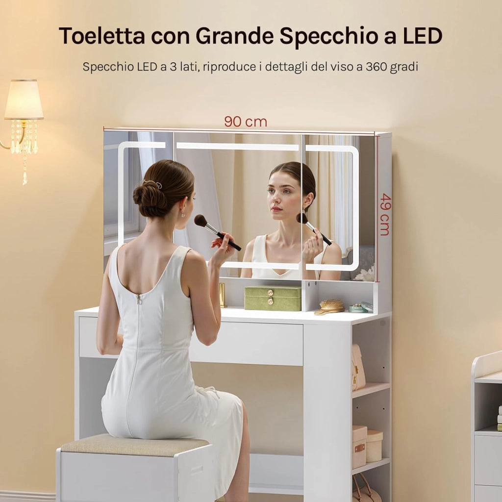 Toeletta con Specchio a LED, Luminosità Regolabile, Postazione Trucco con Scomparti Aperti e Ampio Cassetto, per Camera da Letto, Soggiorno, in Legno, Bianco, 90x40x135 cm