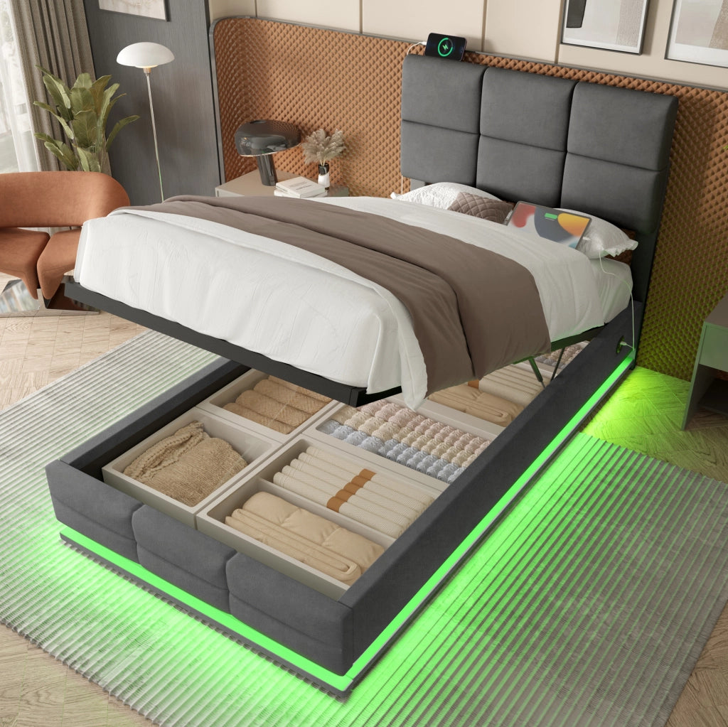 Letto 90x200 cm con testiera regolabile; LED; USB e contenitore in velluto grigio scuro
