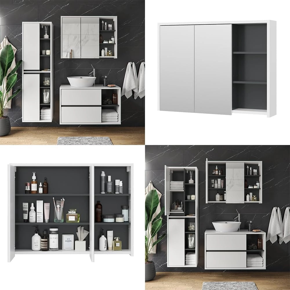 Specchio contenitore bagno Viola, Bianco/antracite, 100 x 75 cm, per montaggio a parete con ripiani aperti
