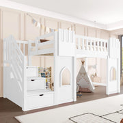 Letto a castello bianco con funzione contenitore e finestre in MDF e pino 90x200 cm