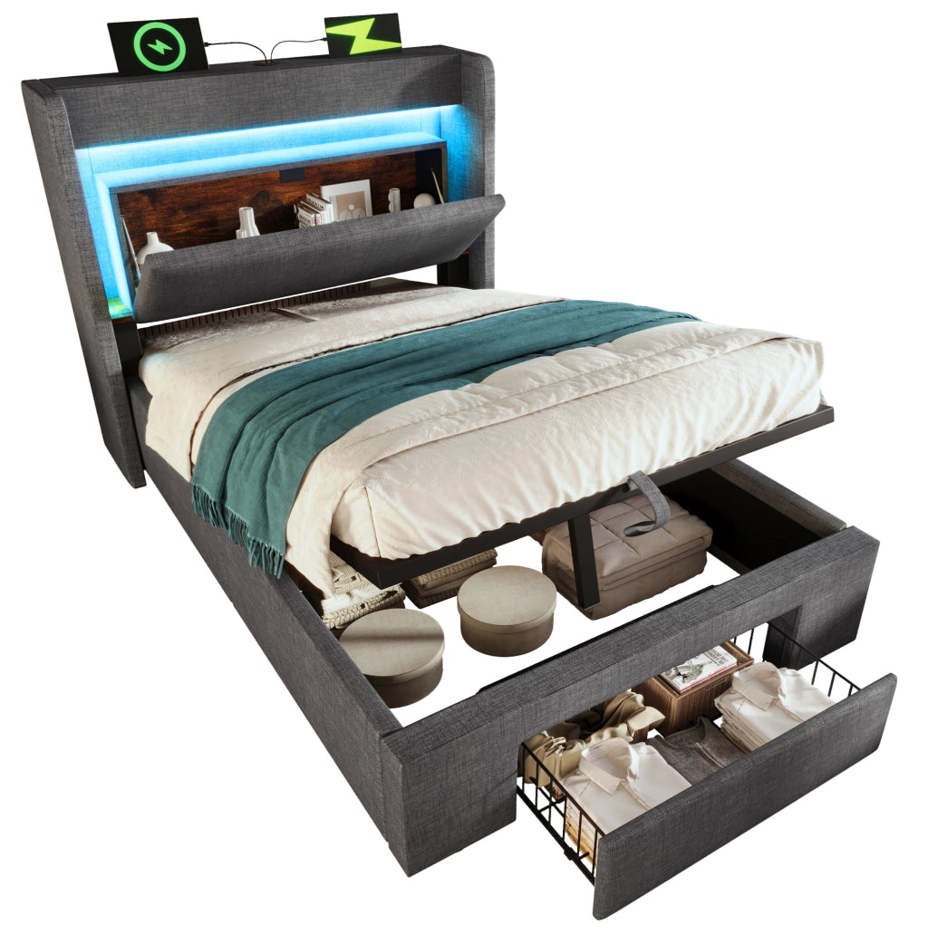 Letto imbottito 90x200 cm con contenitore idraulico, LED, USB e USB-C