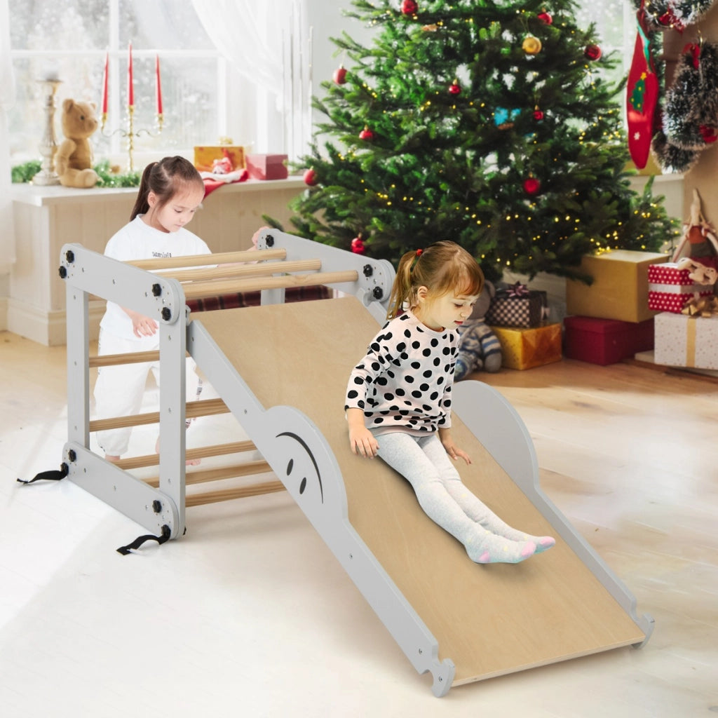 Set da arrampicata montessori per bambini, Giochi da arrampicata pieghevoli in legno con rampe regolabili Grigio-Arrampicate e scivoli