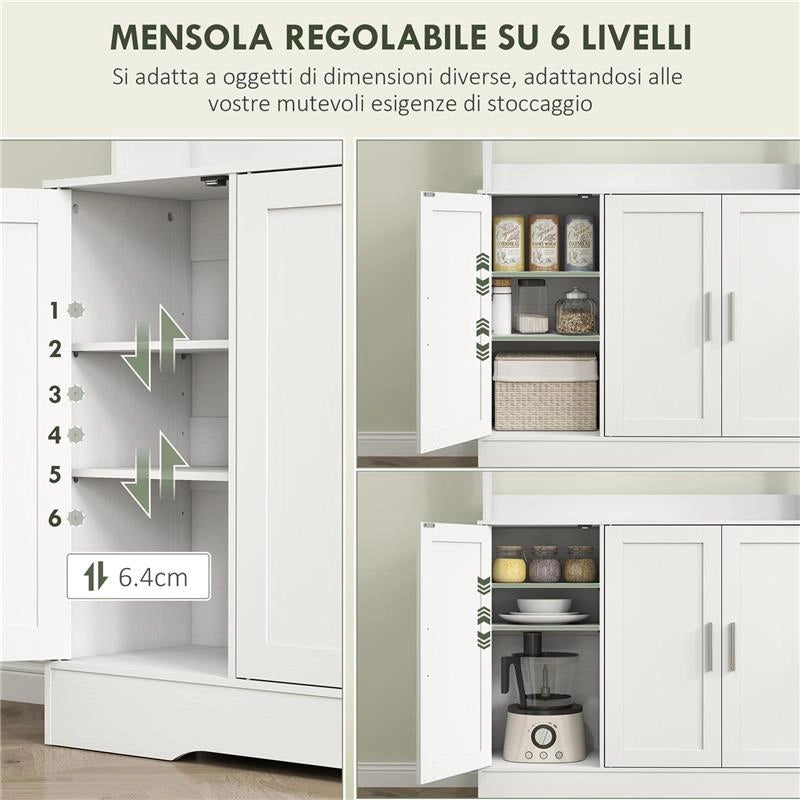 MOBILE DISPENSA CON 4 ARMADIETTI, 2 RIPIANI APERTI E PIANO DA LAVORO, IN LEGNO E VETRO, 108X35X180 CM, BIANCO