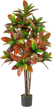 Pianta artificiale Crotone 150 cm, albero in vaso con foglie multicolori in PEVA, tronco in legno massello, muschio realistico, albero crotone finto per soggiorno, ufficio, matrimonio, festa