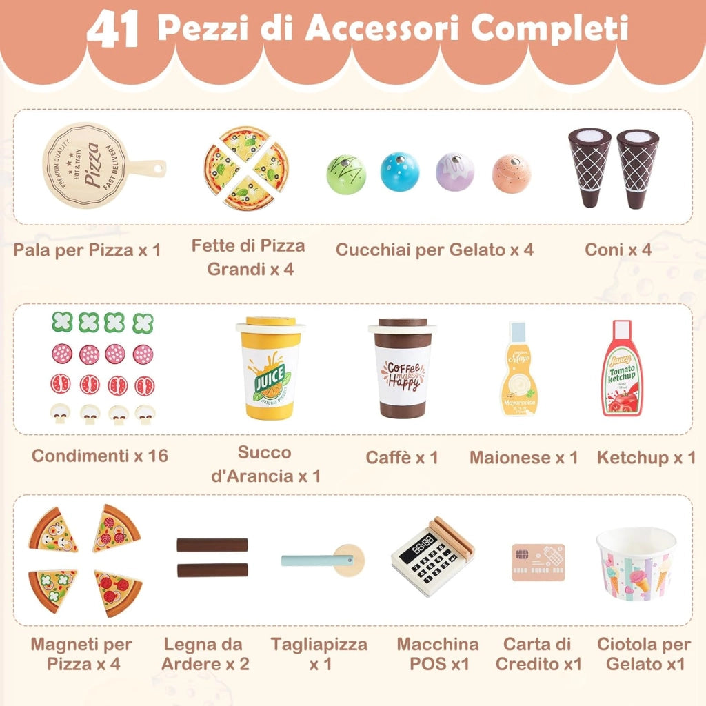 Carrello Pizza Giocattolo per Bambini, Carrello Gelato in Legno con Ruote, Distributore Automatico, Espositore e 41 Accessori, Centro Attività Montessori per Bambini 3+ Anni, 81 x 33 x 88 cm