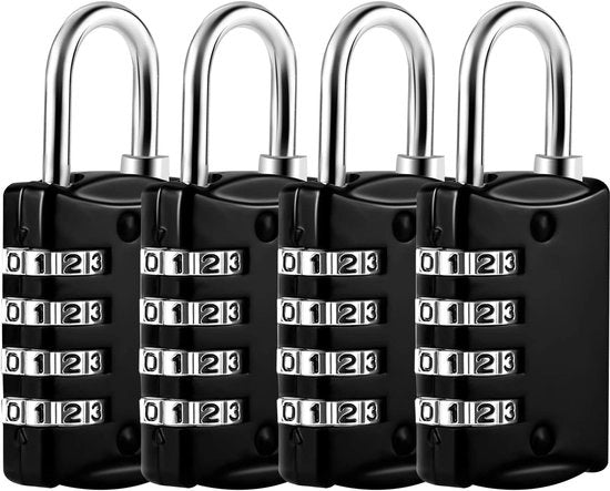 Pacchetto con 4 piccoli slot per appendiabito, combinati 4 cifre, serrature di valigia con codice combinato, serrature di bagaglio, slot per zaini, scuole e palestre (nero)