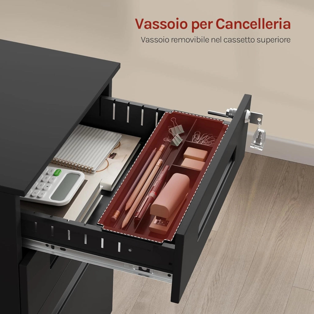 Cassettiera da Ufficio Scrivania Studio con Rotelle Mobiletto con 3 Cassetti e Serratura per Documenti Cartelle Sospese Cancelleria, Pre-Assemblato, metallo Nero SK023sz