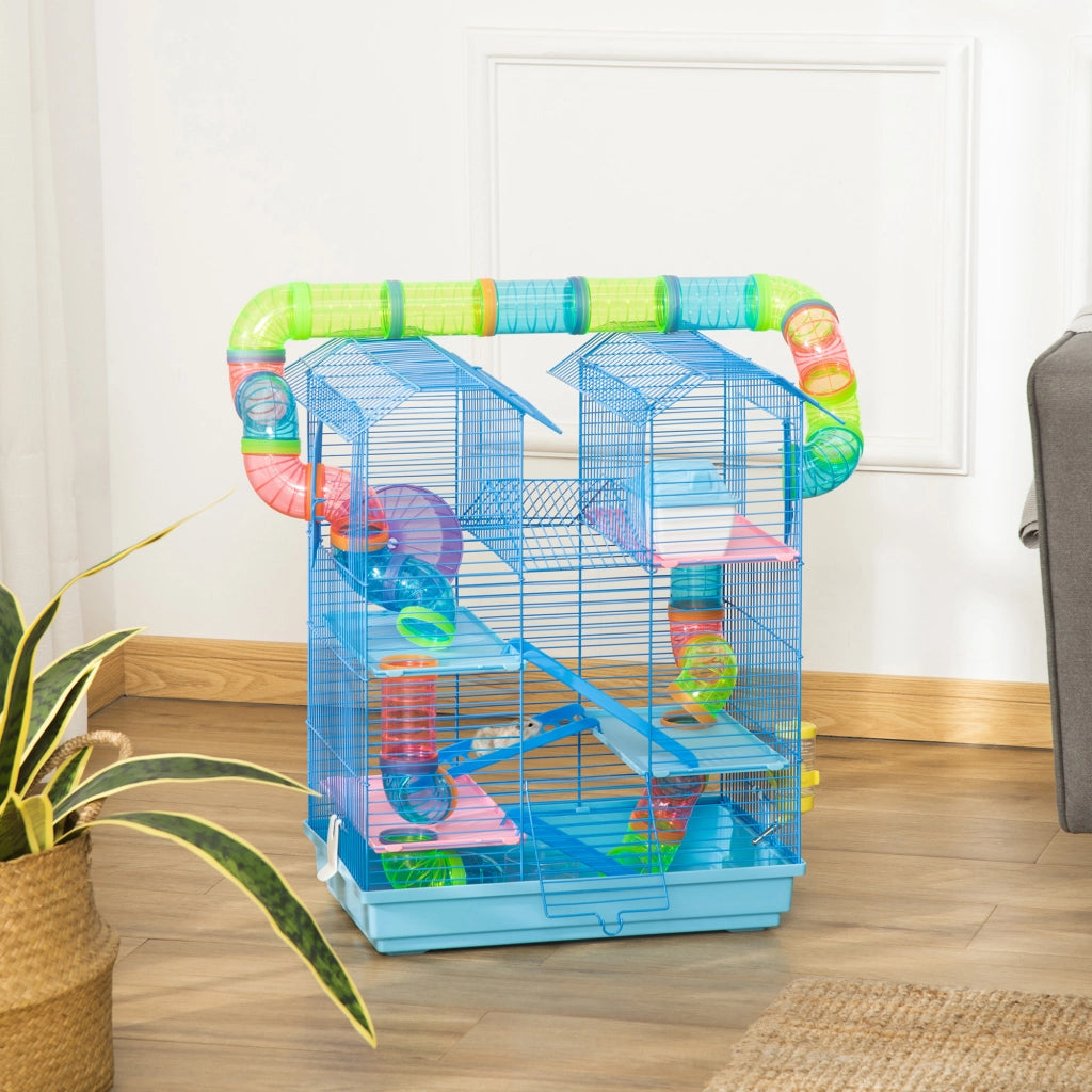 EasyComfort Gabbia per Criceti e Roditori a 5 Piani, Gabbietta per Criceti con Tubi Colorati, Ruota, Casetta e Accessori Inclusi, 47x30x59 cm, Blu