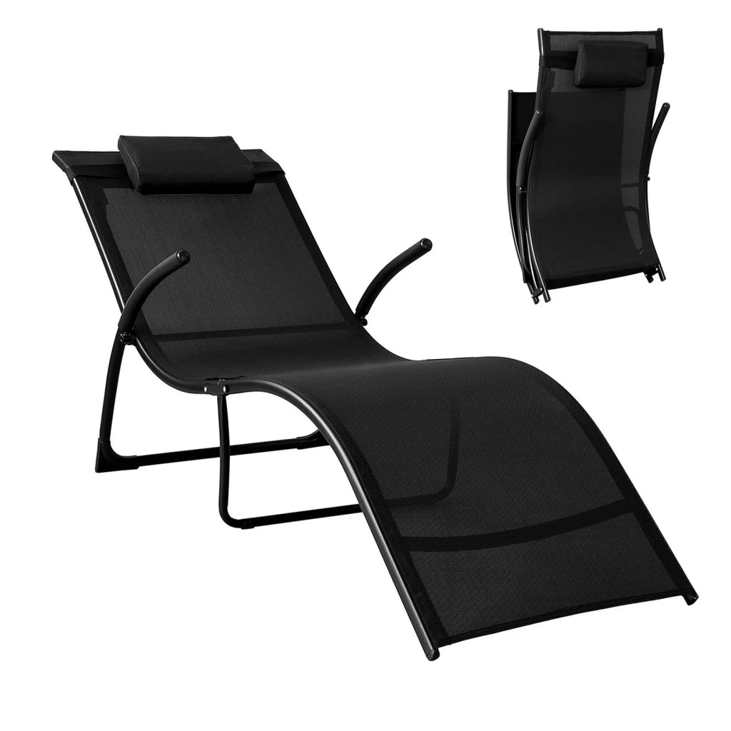 SoBuy Sdraio pieghevole Lettino prendisole Sedia con poggiatesta Sdraio per esterni giardino spiaggia Sedia da campeggio Nero 173x60x69 cm OGS45-SCH
