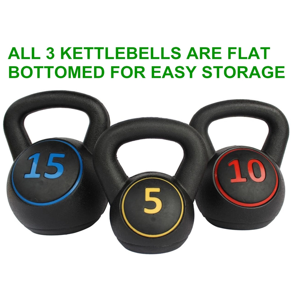 Set Kettlebell 5/10/15 kg con Manico Antiscivolo, Attrezzatura Compatta per Casa, Allenamento Forza/Fitness/Riabilitazione