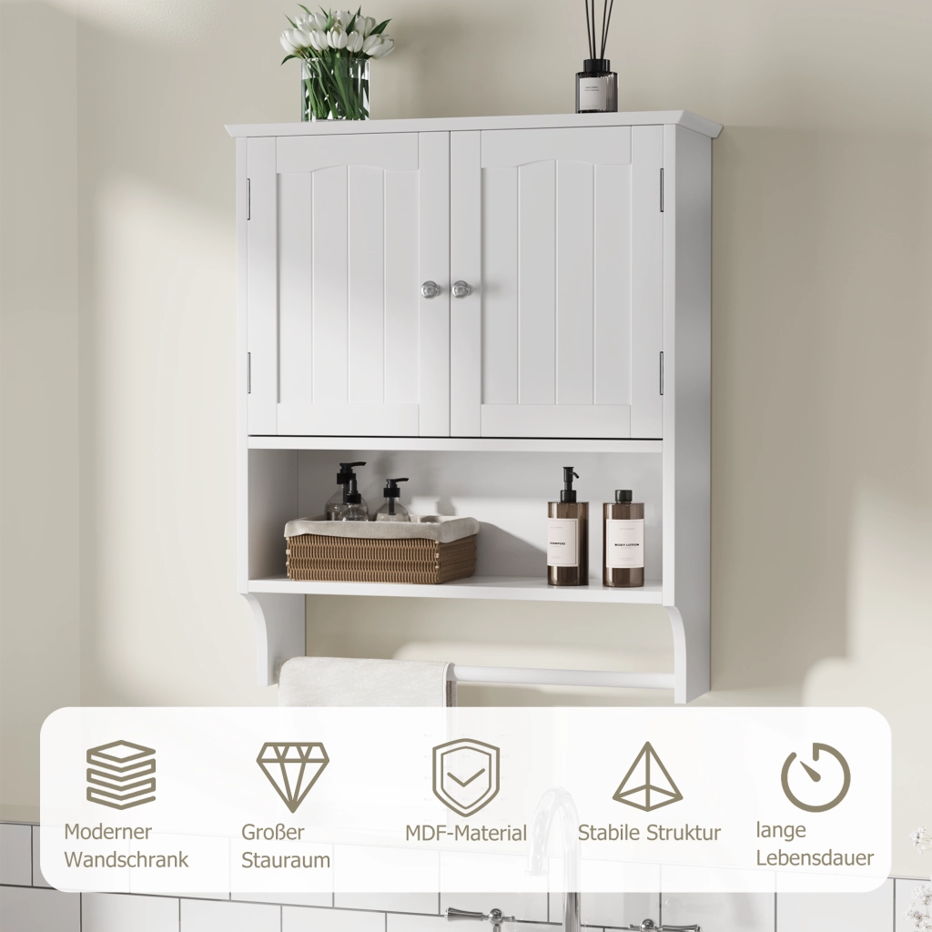 Armadietto da bagno con 1 anta, ripiani regolabili e portasciugamani, per bagno, in MDF, bianco, 56.8 × 19 × 70 cm