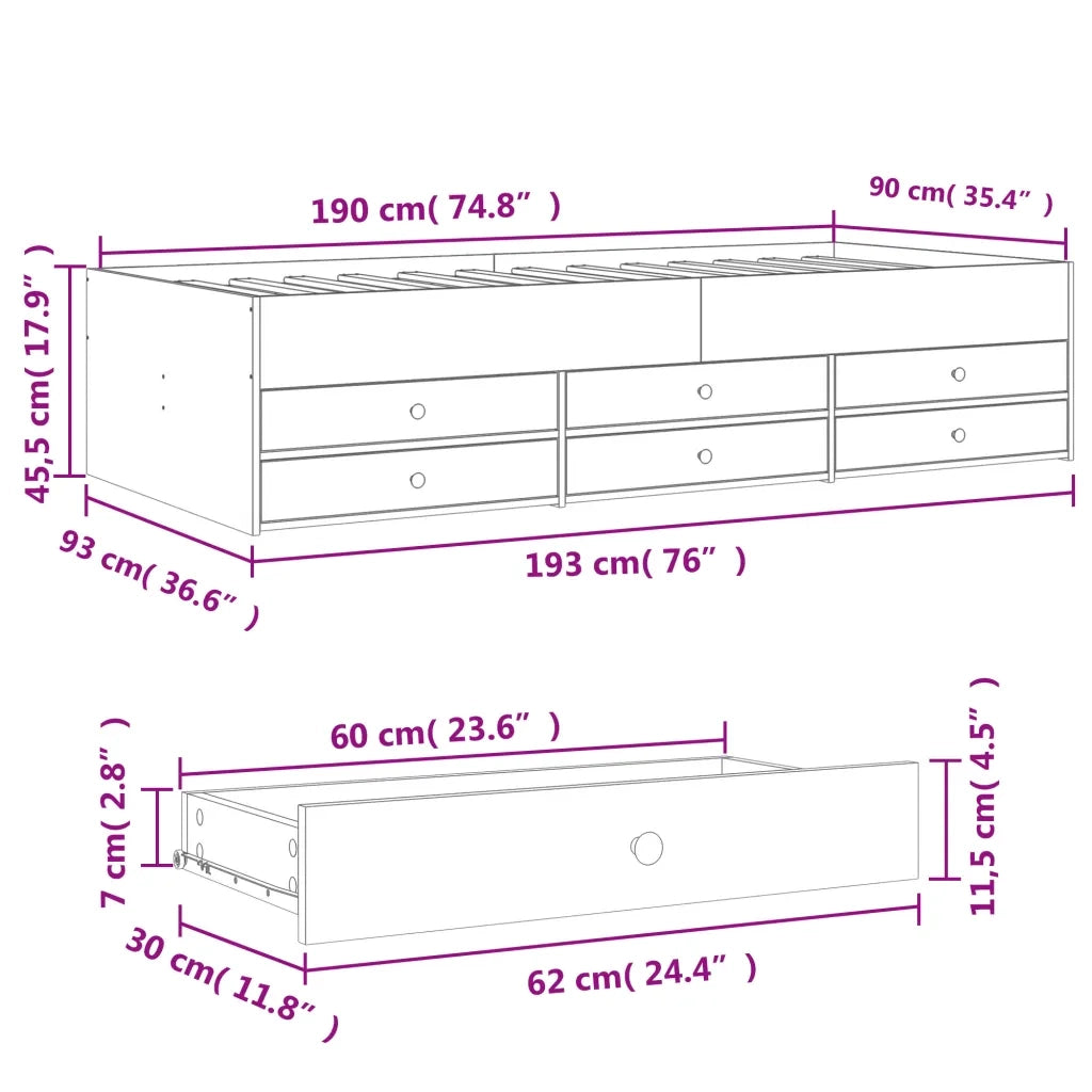 Divano Letto con Cassetti senza Materasso Rovere Fumo 90x190 cm 3280885
