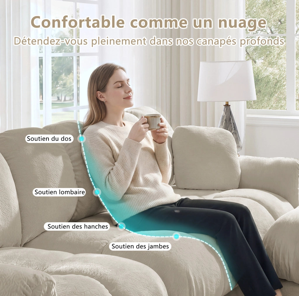 Divano 3 posti in chenille color kaki chiaro con 2 cuscini decorativi e design trapuntato