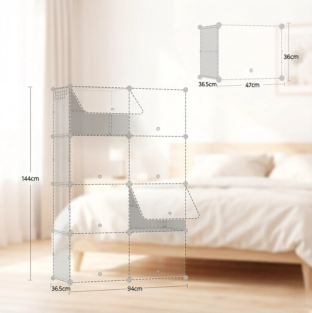 Organizer per Scarpe modulare in ABS, Metallo e PP, 144x94x36,5 cm, Bianco
