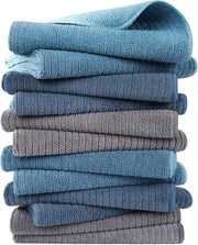 Set di 12 asciugamani e tovaglioli di microfibra, a righelli, di alta qualità (blu, grigio, blu-verde, 40 x 71 cm)