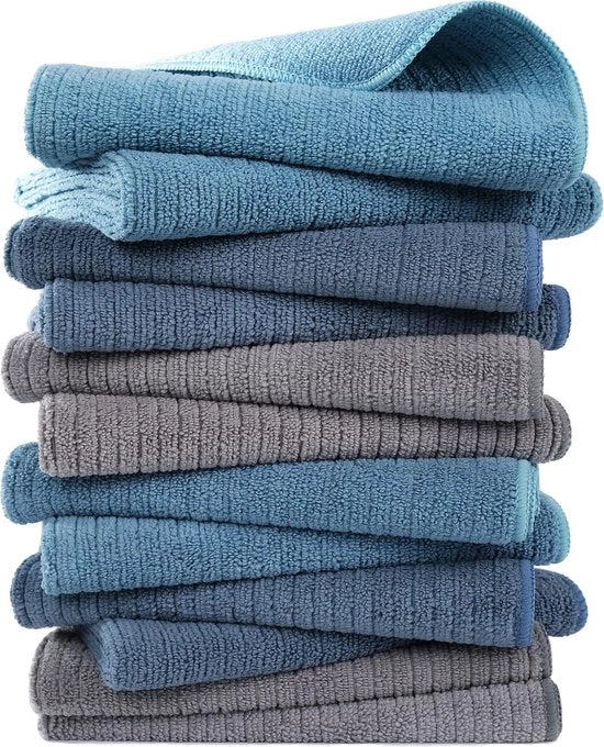 Set di 12 asciugamani e tovaglioli di microfibra, a righelli, di alta qualità (blu, grigio, blu-verde, 40 x 71 cm)