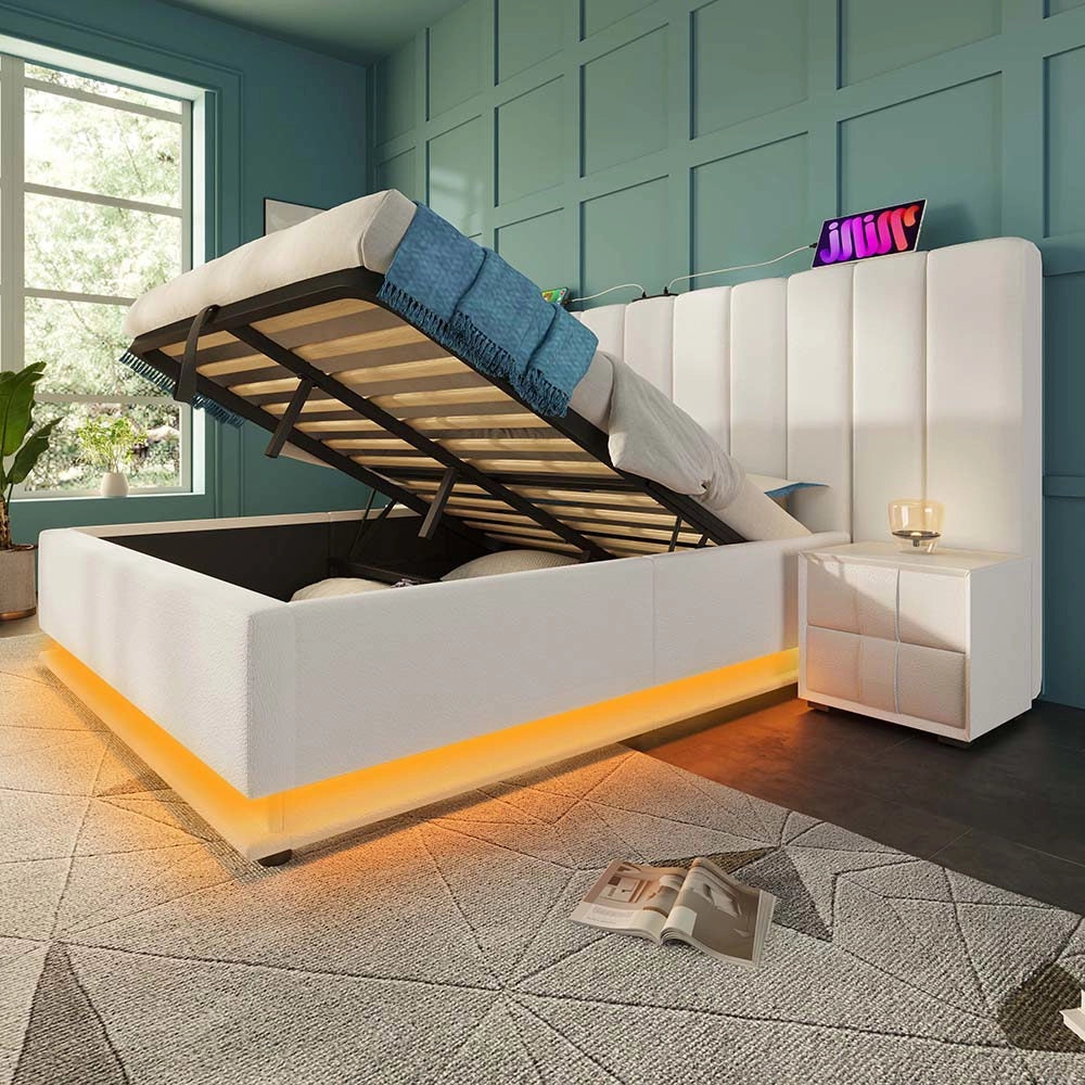 Letto imbottito con cassone - Xylo - 180??200 cm - Bianco - Controllo App LED e USB-C
