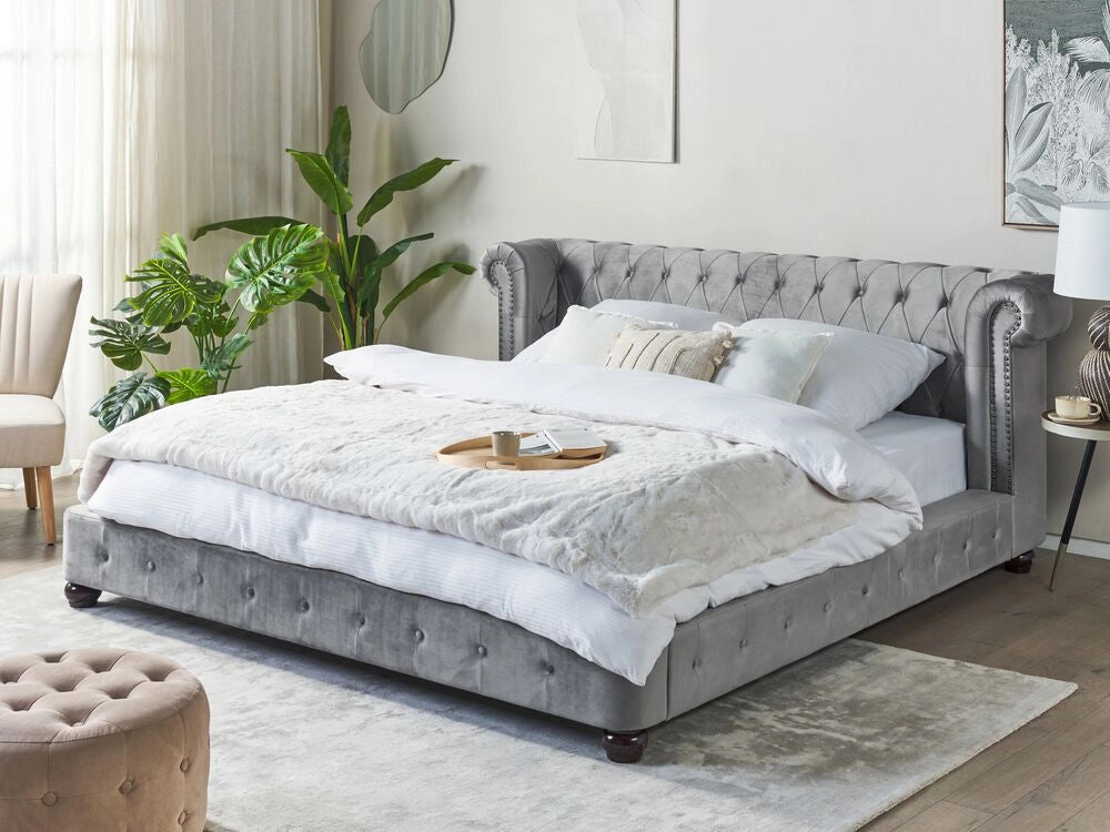 Letto 180 x 200 cm in velluto grigio con  rete a doghe Chesterfield testiera classica